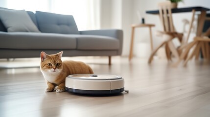 A Cat Sits on a Robot Vacuum 