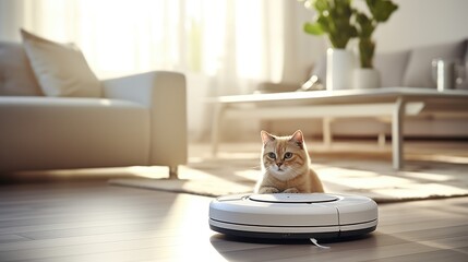 A Cat Sits on a Robot Vacuum 