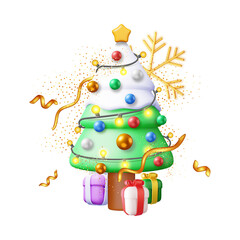 3D Christmas holly tree illustration with transparent background  