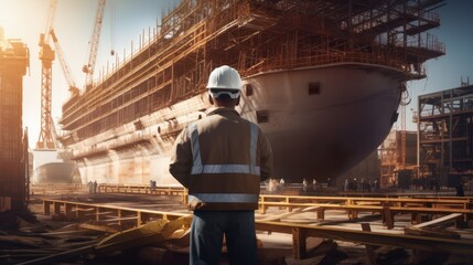 construction of engineer with Big ship under construction