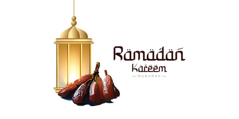 Elegant Ramadan kareem wishing or greeting card banner design with dates, lamp, white background, banner, poster, vector illustration