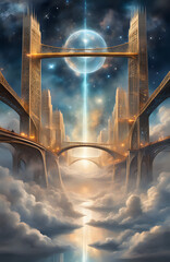 Bridge Between Towers in a City of Clouds - obrazy, fototapety, plakaty