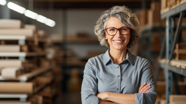 cheerful mature female architect in hardhat