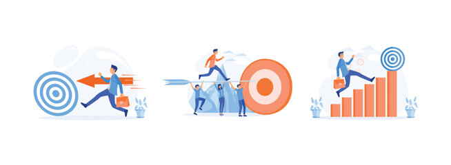 Obraz premium Super businessman running and breaking target archery to Successful, Business Goals Achievement Concept, Business concept growth to success, Creative ideas. Business target set flat vector modern illu