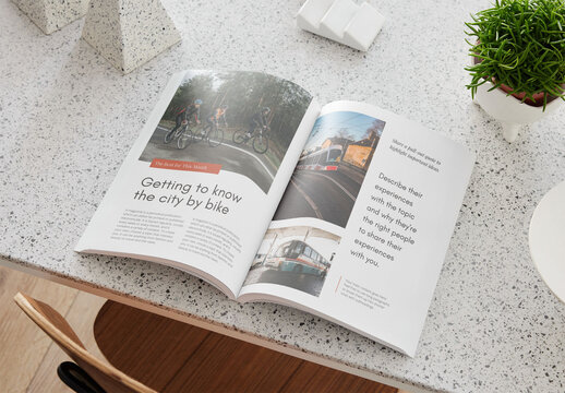 Mockup of customizable A4 magazine showing open pages