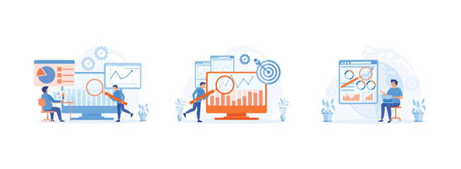 Fototapeta premium statistical and Data analysis for finance investment, of worker checking data analyst, data driven business, comprehensive strategy, new economic model. Data analyst set flat vector modern illustratio