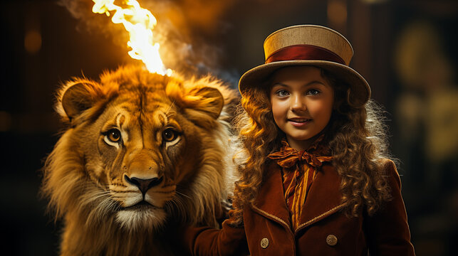 A young girl in a circus ringmaster outfit, commanding a lion to jump through a hoop of fire.