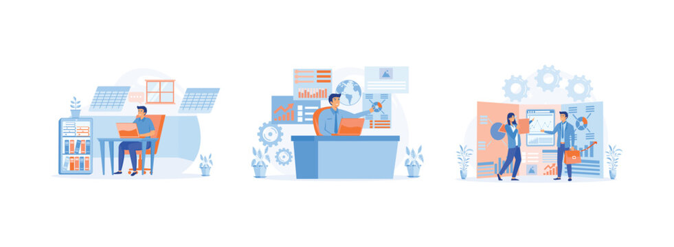 Man working with big data and databases, office workers are studying the infographic, using laptop and excel tables. Data analyst set flat vector modern illustration
