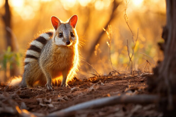 A Numbat, also known as the banded anteater, forages in the Australian bush at sunset - obrazy, fototapety, plakaty