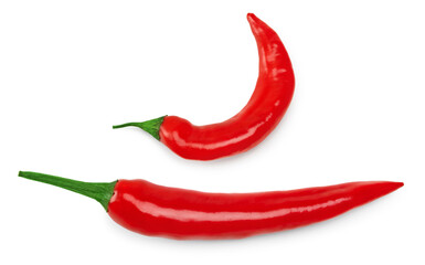 two red hot chili peppers isolated on white background. clipping path. top view