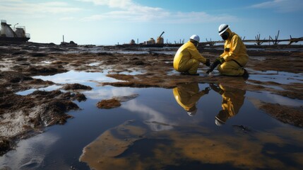 Environmental Engineering wearing masks inspected Oil Spill.