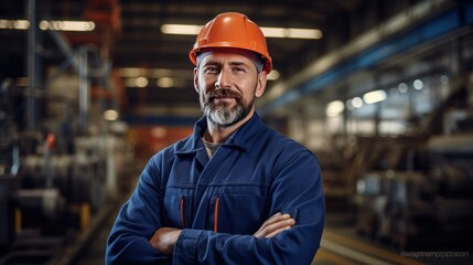 happy professional heavy industry engineer stands in a factory, 