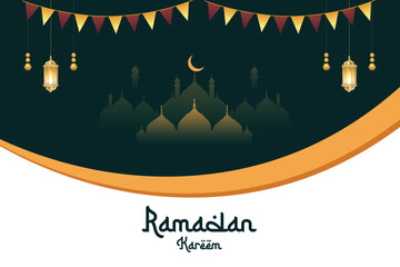 Ramadan Kareem wishes or greeting card Ramzan Islamic background design with moon, mosque, lamp, dark color social media banner, poster vector illustration