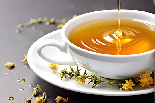 A swirl of honey gracefully drizzling into a cup of herbal tea.

