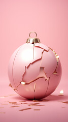 Broken pink christmas ball on the light pink background. Pastel colors in the style of minimalism.