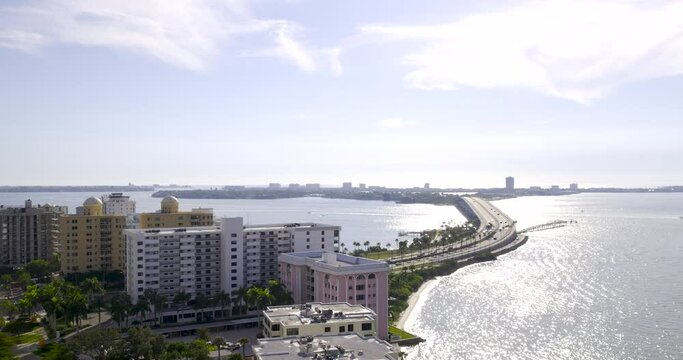 Aerial view of John Ringling causeway downtown Sarasota, Florida