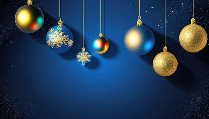 Abstract Christmas background in blue color with Christmas balls, garlands and snowflakes with copyspace