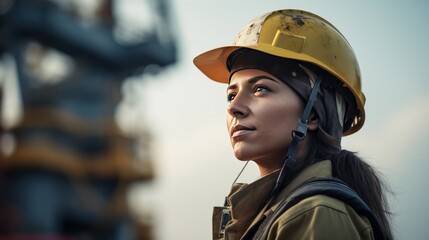  woman oil rig worker with a helmet  - obrazy, fototapety, plakaty