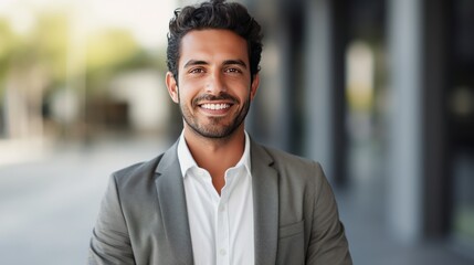 Portrait of happy and successful businessman, indian man smiling and looking at camera,