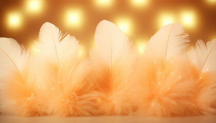  Ethereal white feathers with warm orange glow and soft bokeh lights.