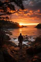 Solitary man gazing at a breathtaking spring sunset by the seaside, Generative AI