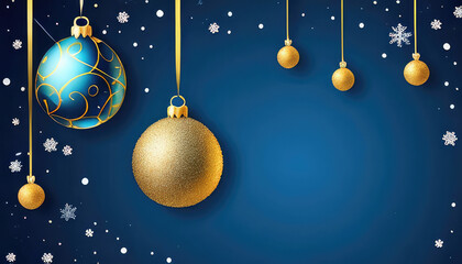 Abstract Christmas background in blue color with Christmas balls, garlands and snowflakes with copyspace