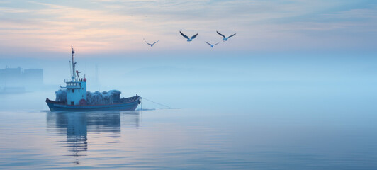 Serene dawn over water with fishing boat and flying seagulls - obrazy, fototapety, plakaty