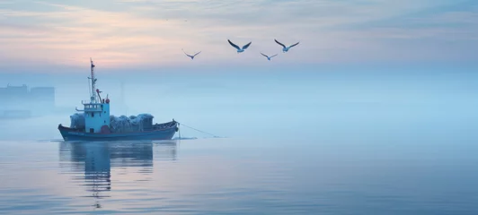 Deurstickers Serene dawn over water with fishing boat and flying seagulls © thodonal