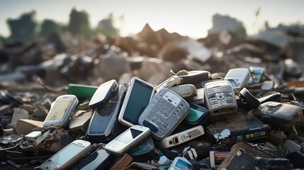 old mobile phones and smartphone in garbage land,