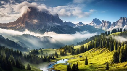 
photo reality Beautiful view of the misty Val di Fassa valley with the Sella pass. National Parks. Dolomites (Dolomiti), South Tyrol. Canazei location, very stunning views - obrazy, fototapety, plakaty