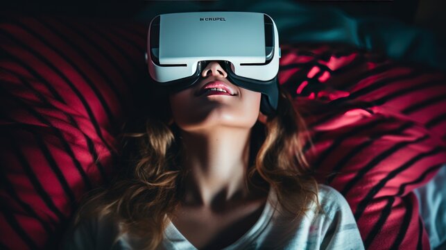 Top-down view. Young woman wearing virtual reality glasses  in bedroom, 