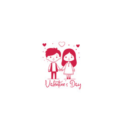 Happy Valentine's Day Card With Cartoon Young Couple, Heart Shape Red Background