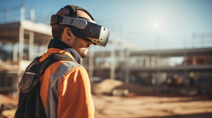 Worker wearing virtual reality glasses at construction site  - obrazy, fototapety, plakaty