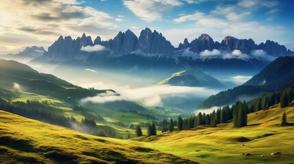 
photo reality Beautiful view of the misty Val di Fassa valley with the Sella pass. National Parks. Dolomites (Dolomiti), South Tyrol. Canazei location, very stunning views