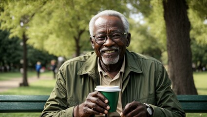 An elderly African man in a green jacket and glasses smiles while holding a coffee cup in his hands