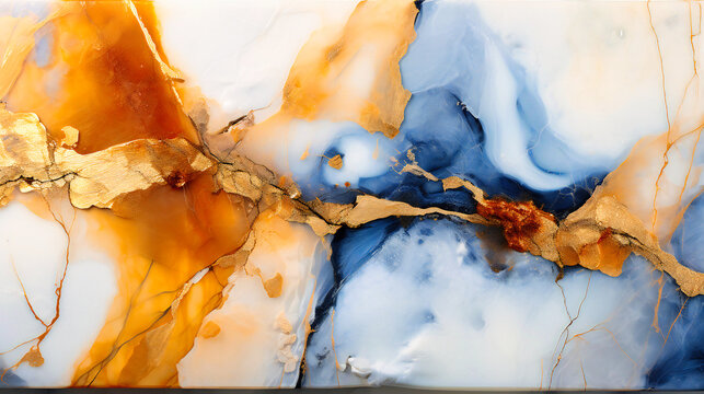 Luxurious Marble Texture With Gold Veins Crossing Blue and Amber Abstract Artistic Design