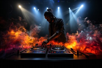 DJ artist silhouetted against a backdrop of vivid visual effects, delivering an unforgettable...