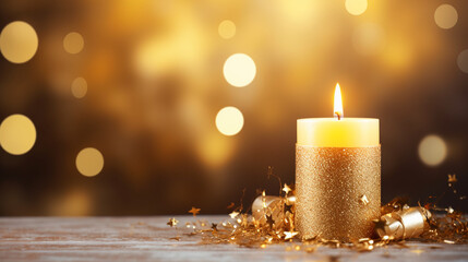 Golden Festivity: Elegant Composition with Bokeh Background, Candle, and Ample Text Space