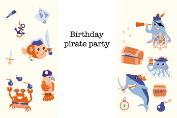 Fototapeta premium Cartoon pirate birthday party invitation card flyer for kids. Can used for baby celebration banner, background. Sea animals birthday template, sea adventures design. 