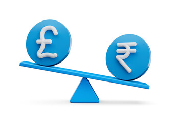 3d White Pound And Rupee Symbol On Rounded Blue Icons With 3d Balance Weight Seesaw, 3d illustration