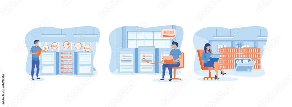 Poster server maintenance with monitoring tools. updates and optimization computer systems. settings cloud 