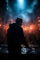 DJ artist's silhouette creating an electric atmosphere at an indoor music festival, Generative AI