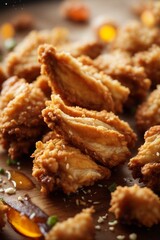 Fried chicken drumsticks with sauce on wooden board