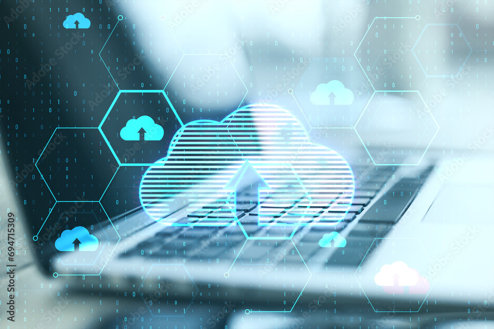 Poster Close up of laptop at desk with glowing hexagonal cloud computing hologram and binary coding on blurry background. Safety and internet concept. Double exposure.