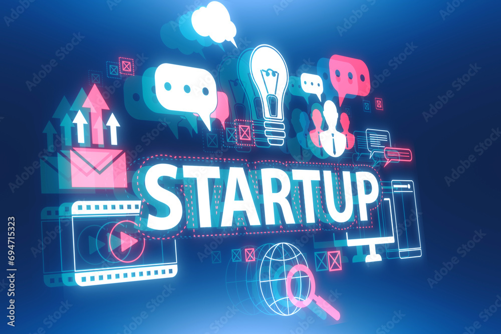 Poster creative start up hologram on blue backdrop. new business beginnings concept. 3d rendering.