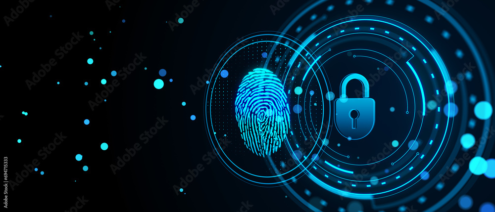 Poster creative digital padlock hologram on dark background with fingerprint. security, safety and protecti