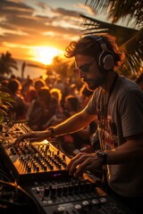 DJ man's shadow energizing a beach party with tropical tunes as the sun sets, Generative AI