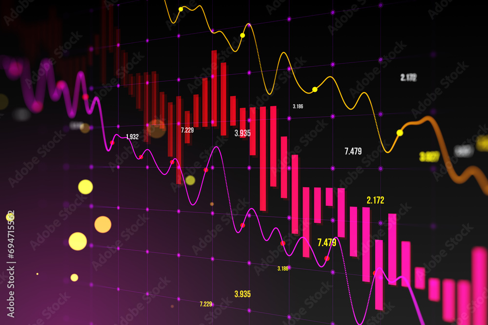 Poster creative falling purple candlestick forex chart and index on blurry background. crisis and finance c