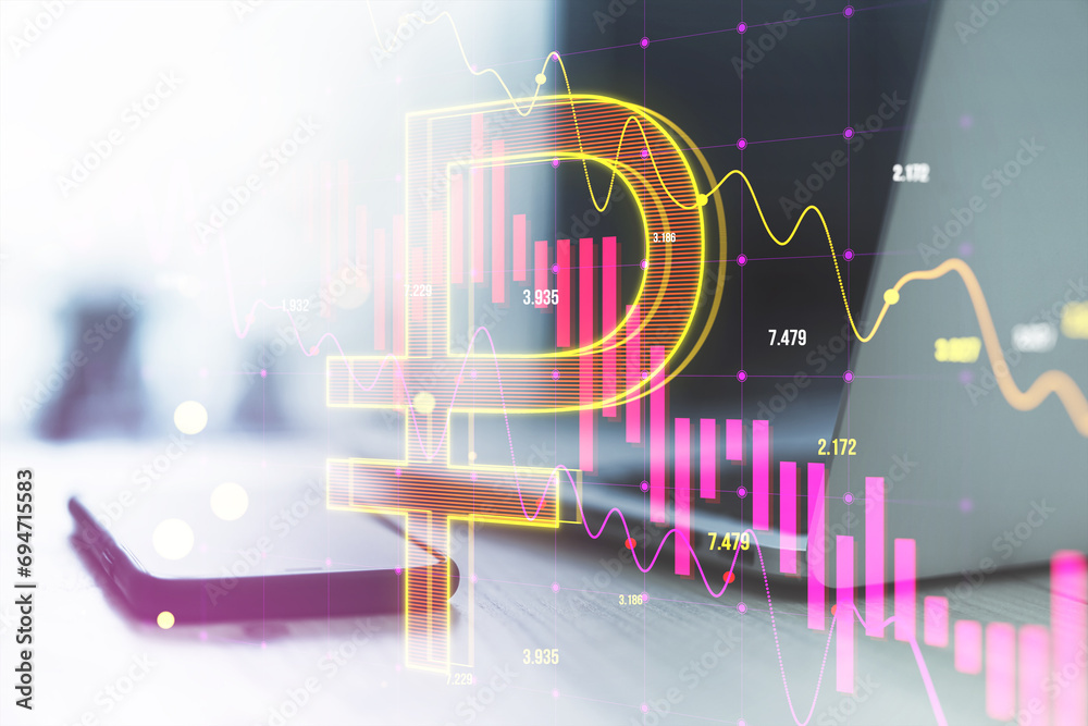 Poster close up of laptop and cellphone on desk with falling candlestick forex chart and ruble on blurry ba