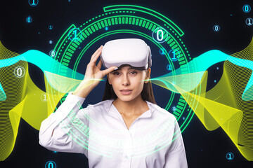 Attractive european woman with VR glasses and big data hologram. Metaverse and virtual reality...